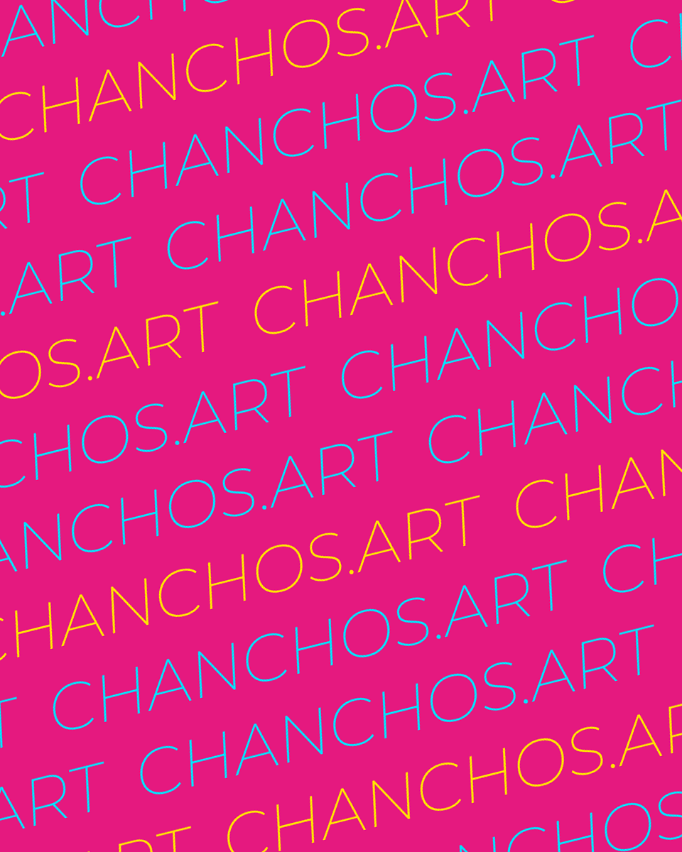 chanchos.art repetido en diagonal, en letras finas celestes y amarillas